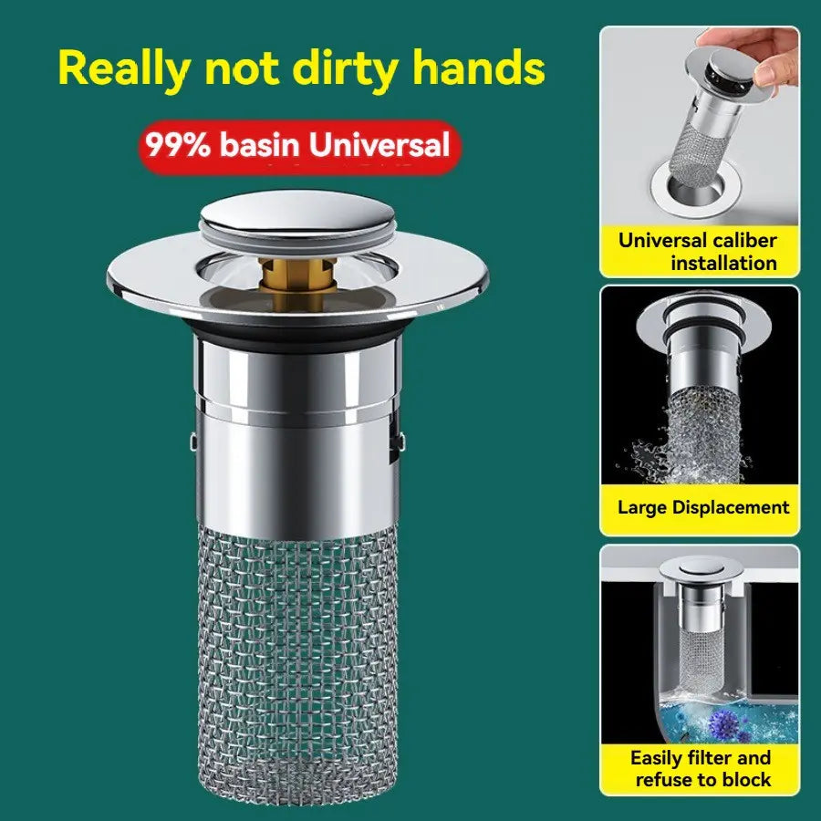 Adjustable Sink Drain Stopper, Press-Down Filter, Anti Clogging Drainage for Bathroom Faucet, Stainless Steel Mesh, Chrome Plated Hair Catcher, Detachable Lid, Bathroom Necessities