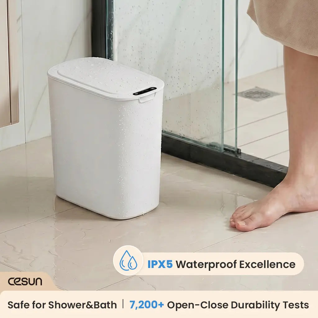 CESUN 2.6 Gal Touchless Trash Bin - Automatic Motion Sensor Plastic White Wastebasket with Lid, Smart Slim Modern Shape for Tight Spaces, Bathroom Accessories, Apartment Accessories