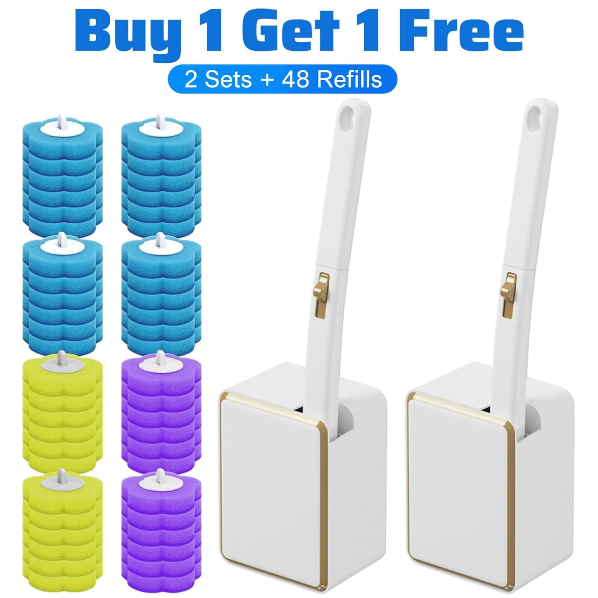Wall-Mount Durable Toilet Brush & Plunger Set, Square Gold-Rim Black Disposable Plastic System, Compact ABS Wand with Magnetic Clamp, 24 Scented Refill Heads (Auto Flip White, Earless Gold Rim White, Long Handle for Children) for Modern Home Bathrooms, El