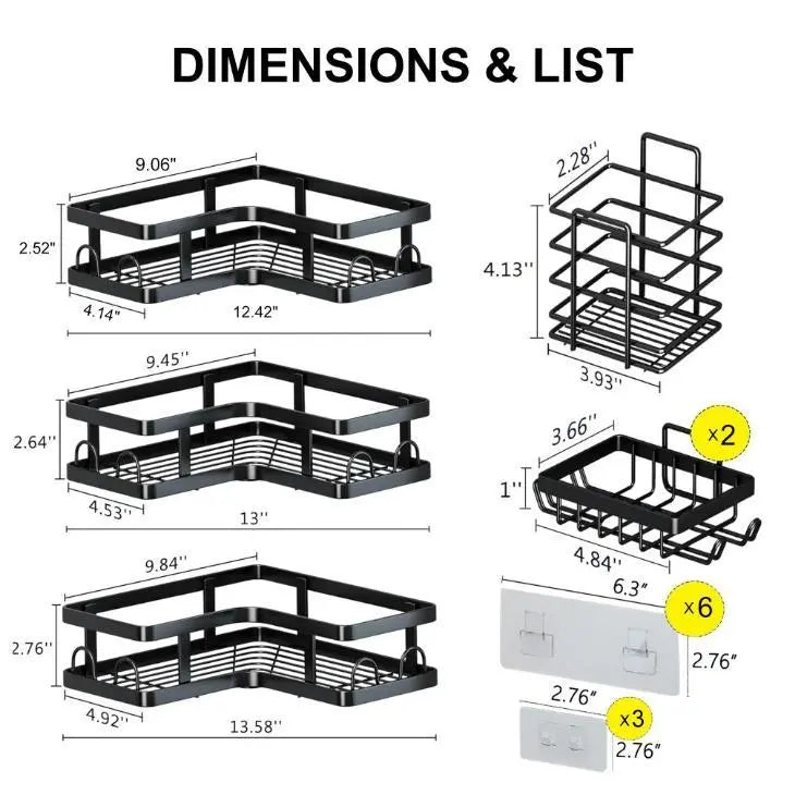 Modern L-Shape Black Stainless Steel Corner Shower Organizer Set - 5-Piece Wall-Mount Bathroom Shelves & Accessories, No-Drill 3-Tiered Racks with Hooks & Toothbrush Holder, Anti-Rust Coating, 40lb Capacity Bathroom Necessities