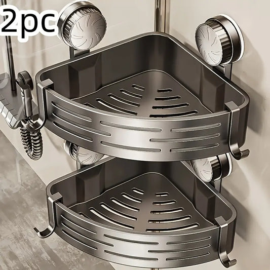 2-Piece Suction Cup Triangle Bathroom Storage Rack, Wall Mounted No-Drill Washbasin Toilet Organizer, Plastic Corner Shelf, Set