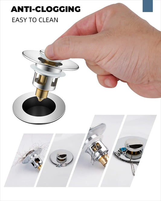Hibbent All Metal Universal Bathroom Sink Stopper - Push Type with Upgraded Brass Bullet Core, Silicone Components, Anti-Clog Stainless Steel Drain Strainer, Stable Basket Hold, Indoor Drainage for 1"-1.8" Basins, Easy Chrome Installation