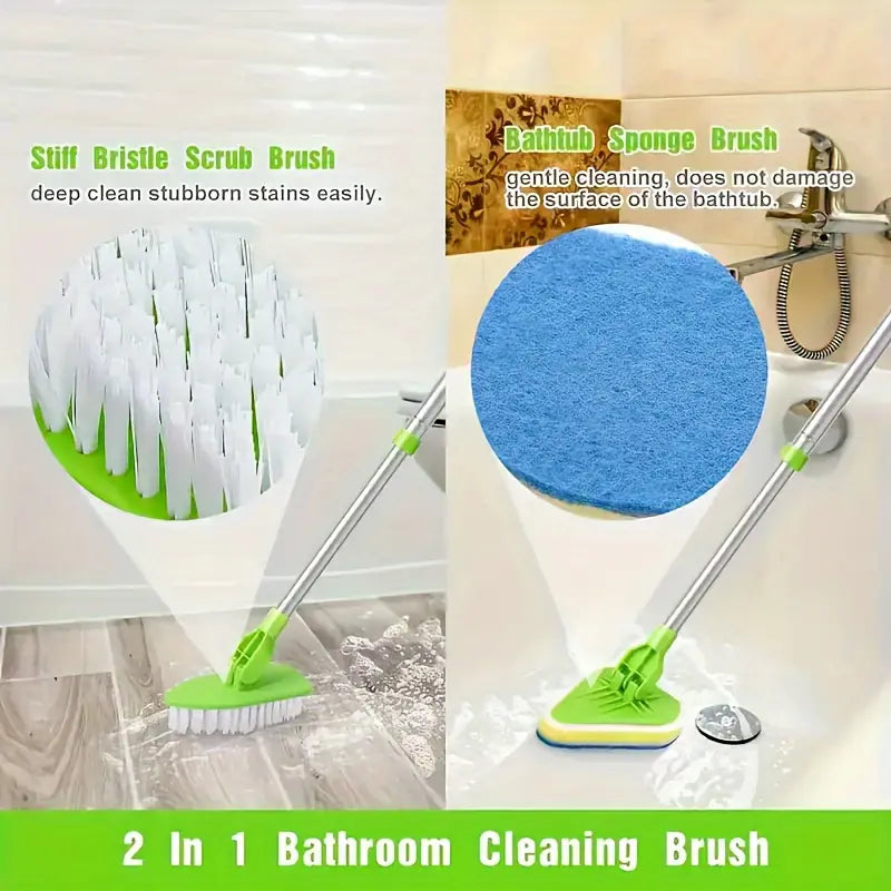 1set Long Handle Shower Cleaning Brush, 2-In-1 Extendable Bathtub and Tile Floor Mop, 3 Sponge Heads & Hard Bristles, Bathroom Kitchen Cleaner Tool, Bathroom Accessory, Multipurpose Brush, Bathroom Scrubber