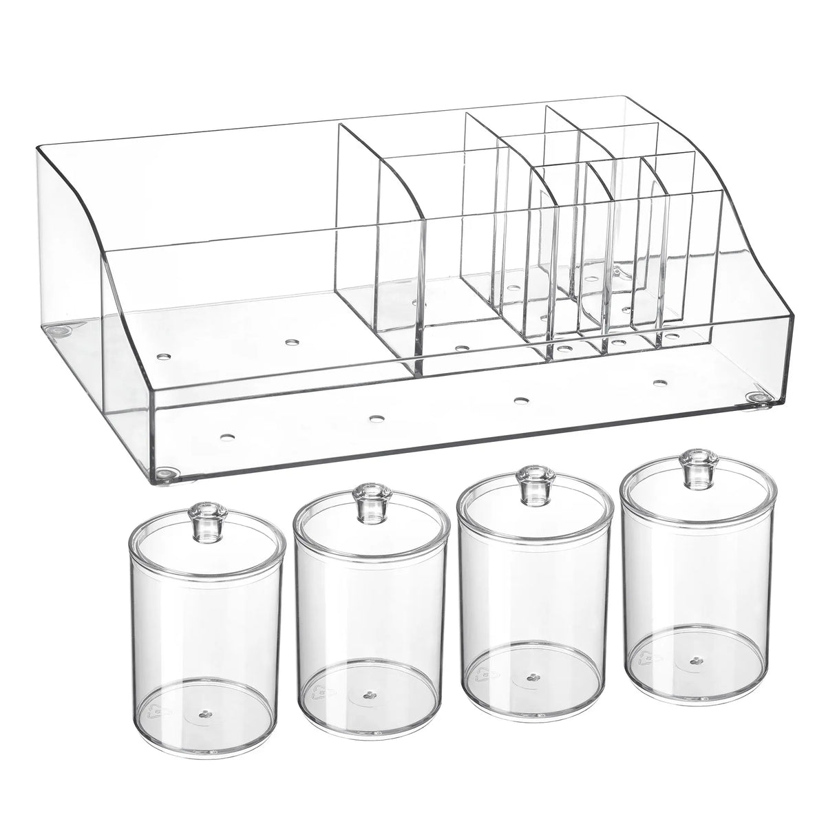 Vtopmart 6PCS Modern Bathroom Vanity Storage Containers - 1 Divided Tray, 4 Qtip Jars, 1 Drawer - Family-Friendly Organizer for Toothbrush, Cotton Pads, Accessories