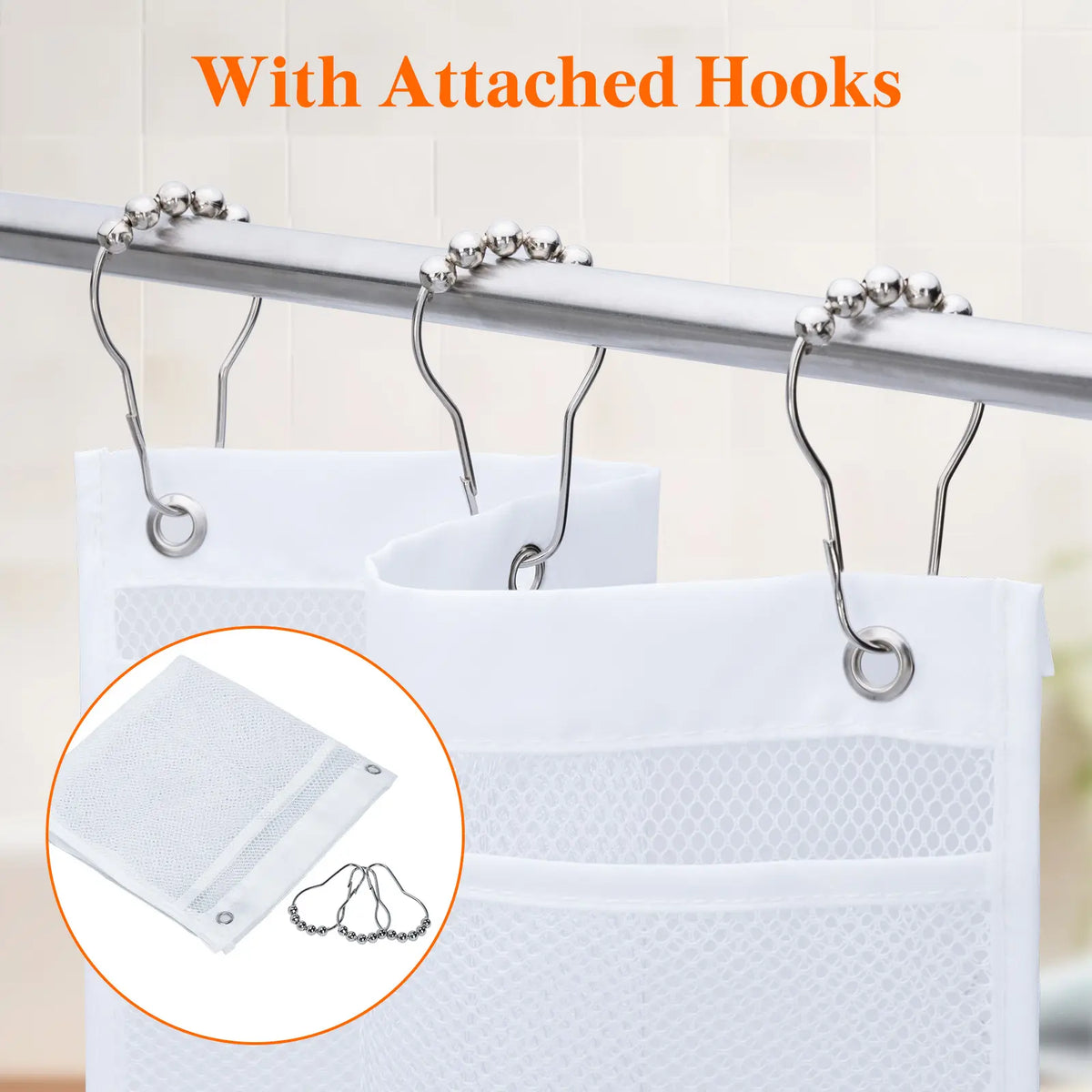 Lifewit 1 Pack Rectangular Polyester Mesh Hanging Shower Caddy - Modern Bathroom Accessory with 3 Metal Hooks & Sticky Hook, Foldable Durable Tear-Resistant Quick-Drying Breathable Portable Lightweight Space-Saver for Back-to-School Bath Storage