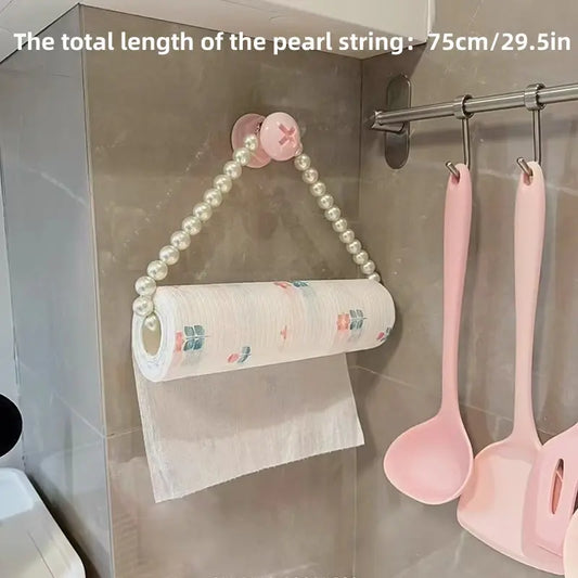 Self-Adhesive Roll Paper Holder, Durable Plastic Bathroom Towel Rack, Pearl Embellished Design, Space-Saving Wall-Mounted Kitchen Organizer, Bathroom Supplies, Plastic Bathroom Gadget