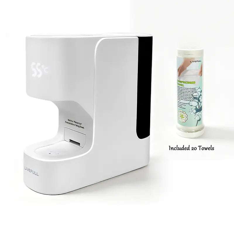 LiveFull CL01 Smart Hot Face Towel Warmer Machine, 5-Second Fast Heating, 55°C Heating System, Auto Dispensing Design, Includes 20 PCS Compressed Towels, Luxury Home Spa,sohochic