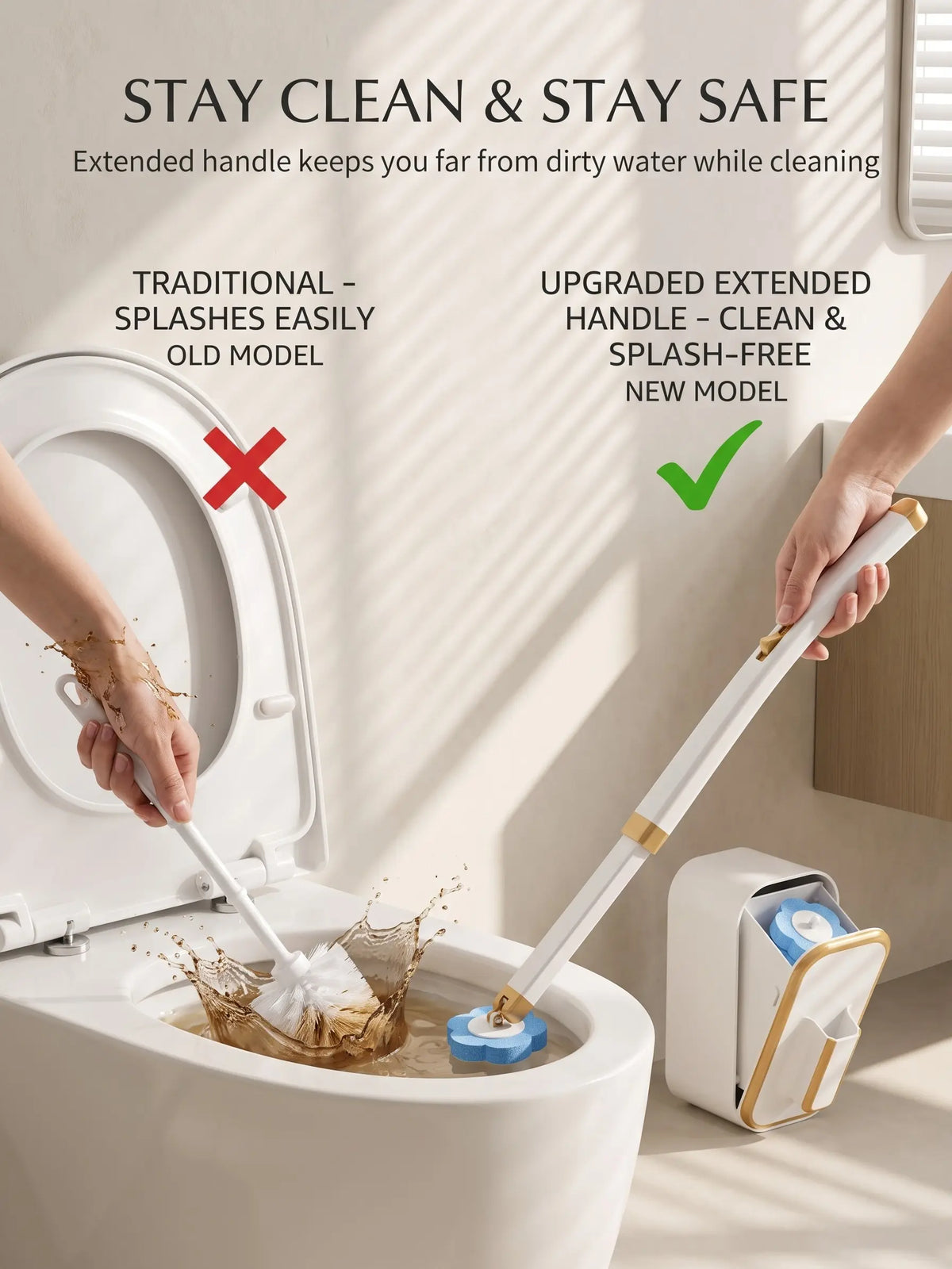 Disposable All-in-2 Toilet Brush Wand Kit with 24 Preloaded Soft Refills, Wall Mount Caddy Box, 360° Rotating Head, Long Handle, Touch-Free Disposal, 3-Layer Deep-Cleaning Sponges, ABS Rust-Stain Lift Cleaner for Daily Bathroom Organized Storage