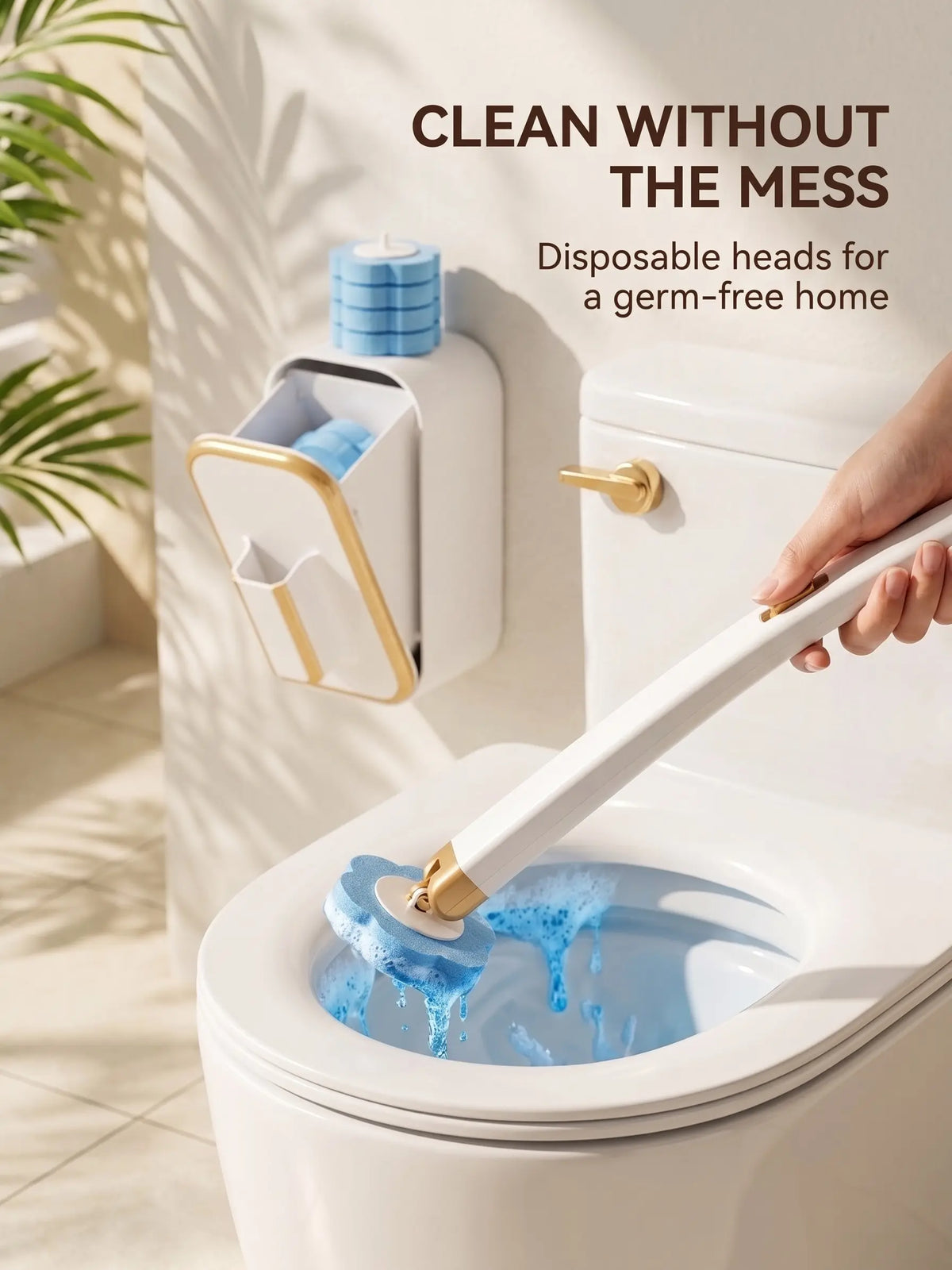 Disposable All-in-2 Toilet Brush Wand Kit with 24 Preloaded Soft Refills, Wall Mount Caddy Box, 360° Rotating Head, Long Handle, Touch-Free Disposal, 3-Layer Deep-Cleaning Sponges, ABS Rust-Stain Lift Cleaner for Daily Bathroom Organized Storage