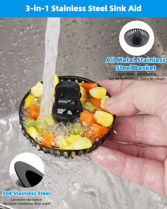 Hibbent 3-in-1: Fill, Strain, Seal Rust-Resist 304 Stainless Steel Kitchen Sink Strainer Stopper Combo - Responsive Spring Action, Pop-Up Handle, 2.76"-3.38" Width, Depth＞1.8", Anti-Clogging Filter for US Standard 3-1/2" Drains Kitchen Fixture Accessory