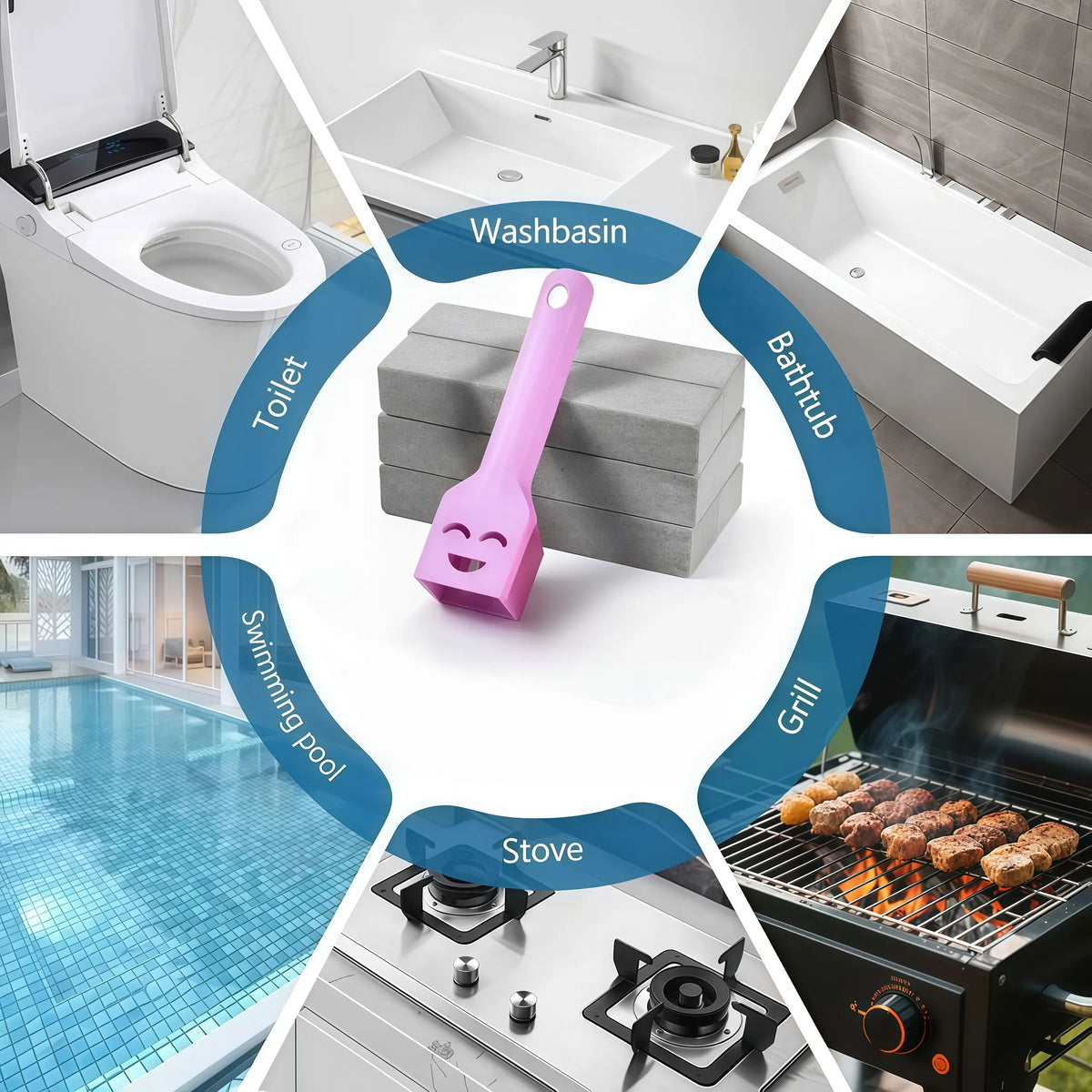 Volcanic Rock Pumice Stone Toilet Scrubber Brush with Extra Long Handle, Bathroom Cleaning Supplies for Toilet Bowl Ring, Lime Scale Stain Removal on Bathroom Tile