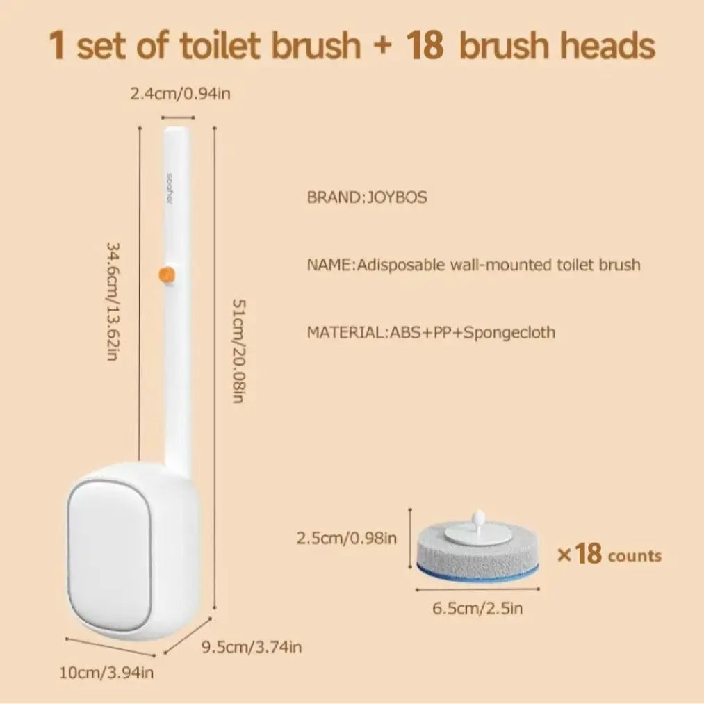 Wall-Mounted Stainless Steel Waterproof Toilet Brush & Plunger Kit - 6/18/30 Disposable Touchless Replacement Heads, Glass Holder, ABS+PP Reusable Bathroom Cleaning System for Bathroom Users, Camping Essentials