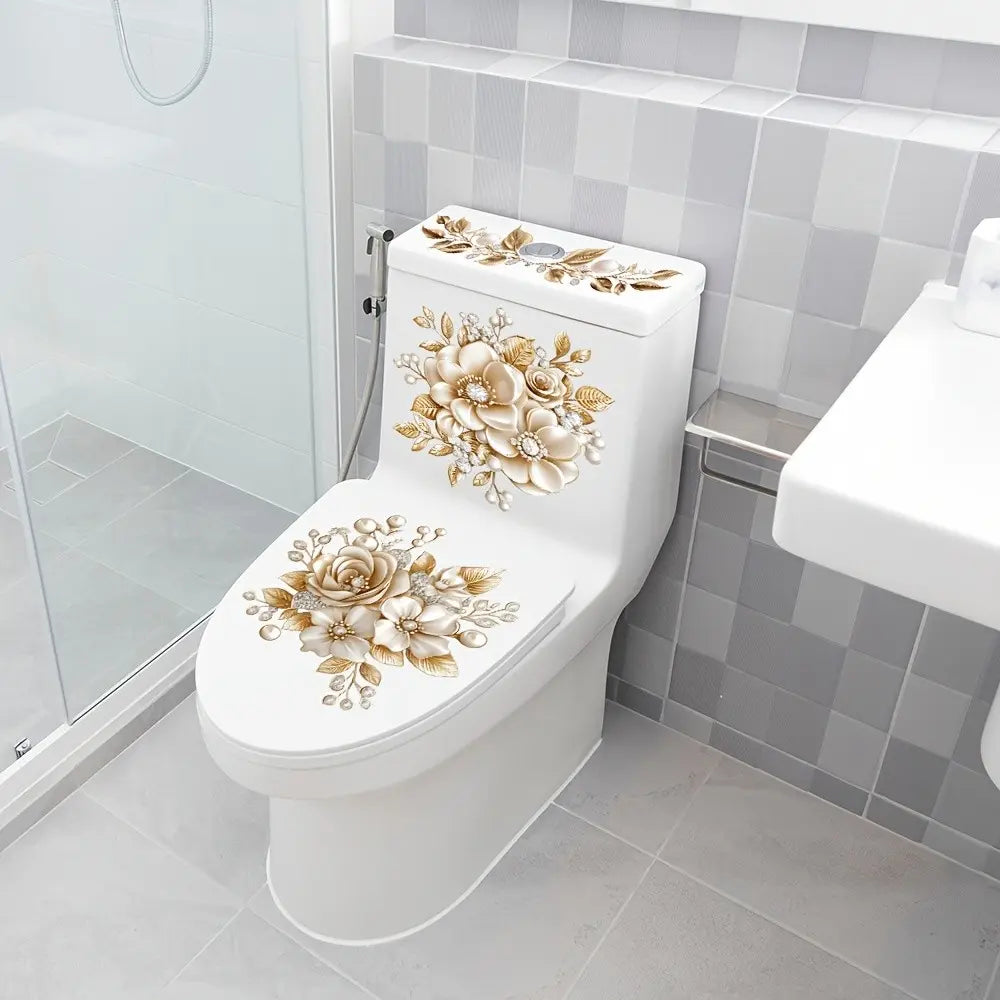 Luxurious Bathroom Toilet Sticker, Floral PVC Self-Adhesive Decorative Sticker, Semi-Matte Effect, Removable Fantasy Design, Bathroom Decoration Accessories, Bathroom House Decor