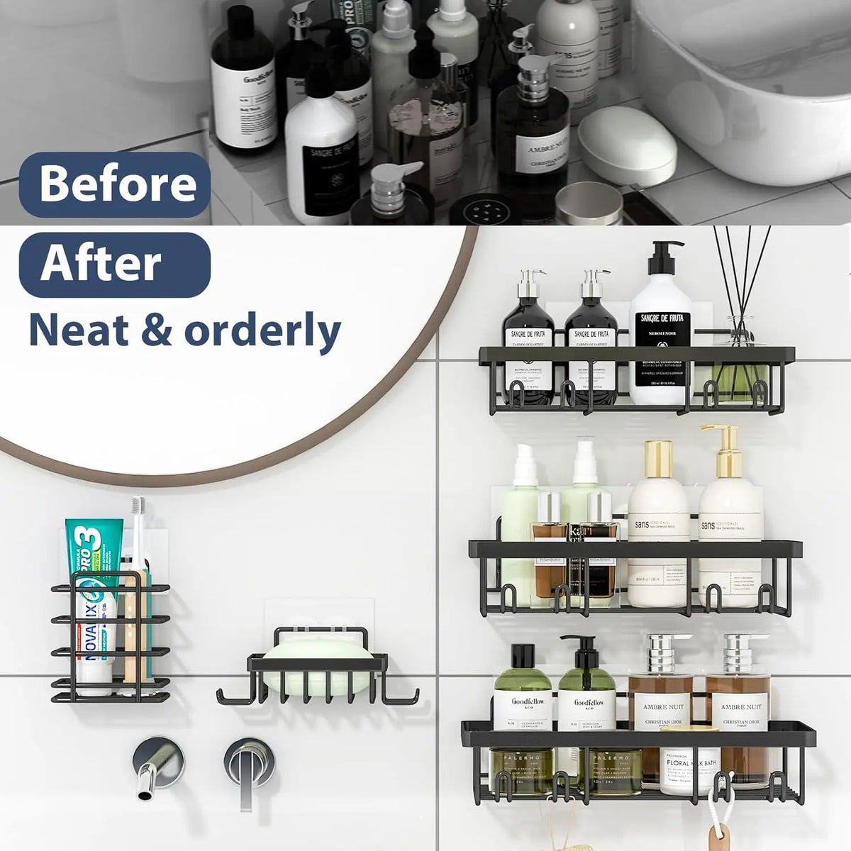 5-Pack Rustproof Stainless Steel Shower Organizer - Adhesive Wall-Mount Bathroom Accessories Organizer Rack Shelf with Adhesive Tape, Modern Storage Basket for Shampoo, Stylish & Durable Bathroom Gadget