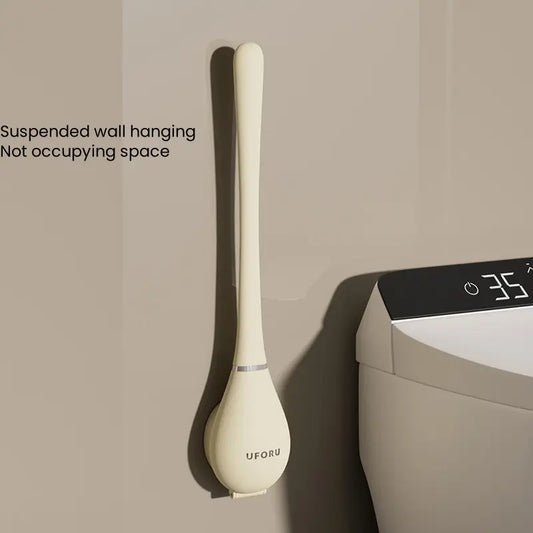 UFORU Sturdy Wall Mounted Silicone Toilet Cleaner Brush & Plastic Holder Set - Long Handle, Flat Tip, Reusable, Space Saver with Sticky Hook, Elegant Wall Accent Brush, Bathroom Cleaning Supplies