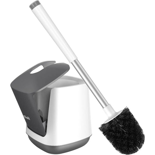 Toilet Brush and Holder, Self Closing Lid Toilet Bowl Brushes Holder and Extra Long Handle Ventilated Toilet Brush Set for Bathroom Cleaning, Nylon Bristles, White & Grey