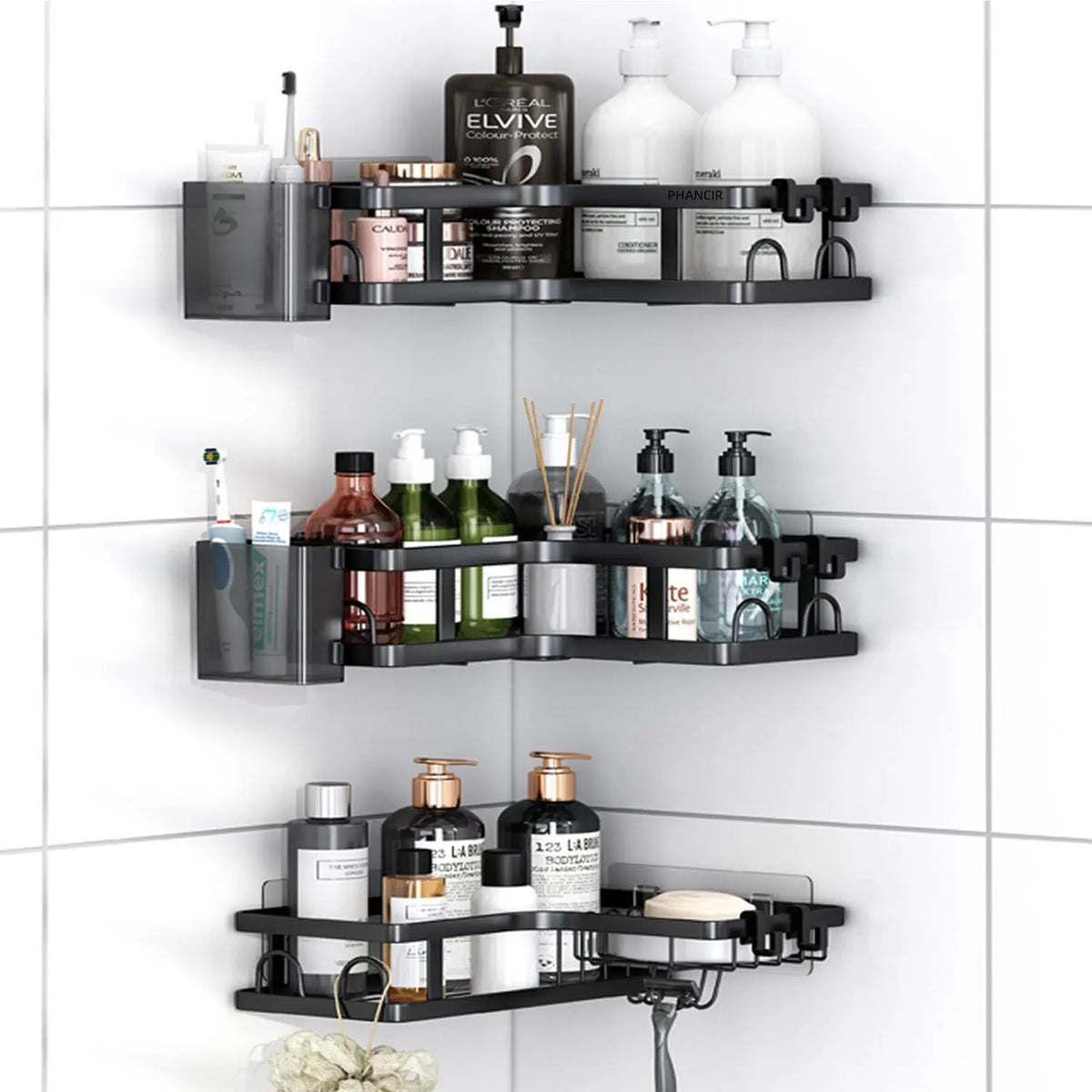 Modern L-Shape Black Stainless Steel Corner Shower Organizer Set - 5-Piece Wall-Mount Bathroom Shelves & Accessories, No-Drill 3-Tiered Racks with Hooks & Toothbrush Holder, Anti-Rust Coating, 40lb Capacity Bathroom Necessities
