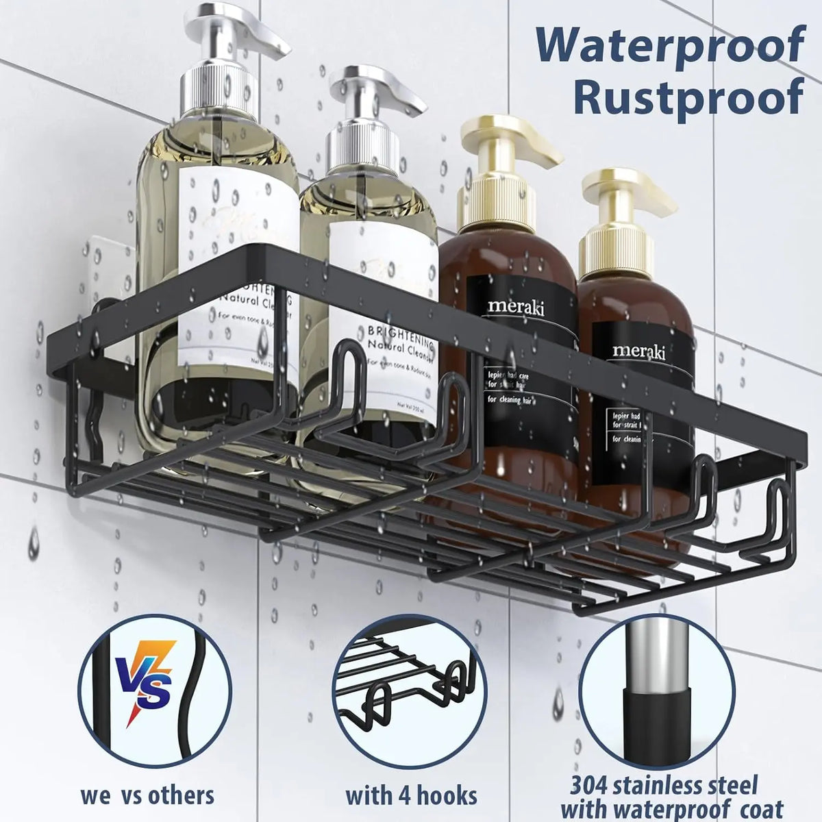 5-Pack Modern Matte Black Self-Adhesive Shower Caddy Set with Adhesive Tape - No-Drill Stainless Steel Bathroom Accessory Set, Shelves, Soap Dish, Toothbrush Holder, Rustproof Storage Organization, Apartment Stuff Space Saver