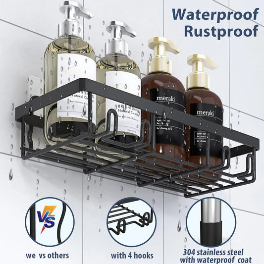 5-Pack Modern Matte Black Self-Adhesive Shower Caddy Set with Adhesive Tape - No-Drill Stainless Steel Bathroom Accessory Set, Shelves, Soap Dish, Toothbrush Holder, Rustproof Storage Organization, Apartment Stuff Space Saver