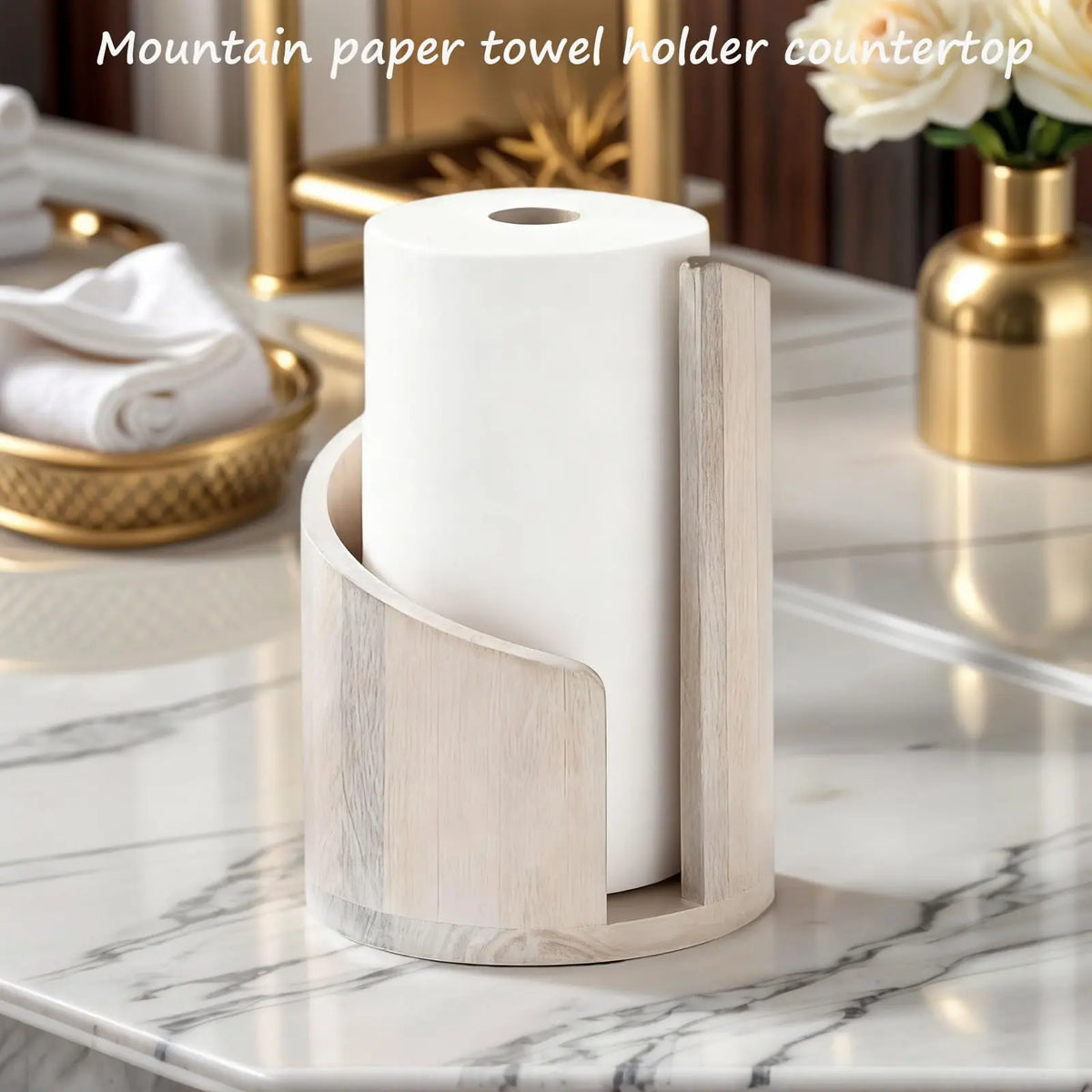 Mountain Shape Paper Box Holder with Mango Wood Round Base and Iron Stand, Wooden Face Paper Organizer, Fits Super Long Rolls, Easy Tear, Living Room & Kitchen, Tissue Holder, Bathroom Organizing Accessories, Bathroom Organizers, Bathroom Accessory