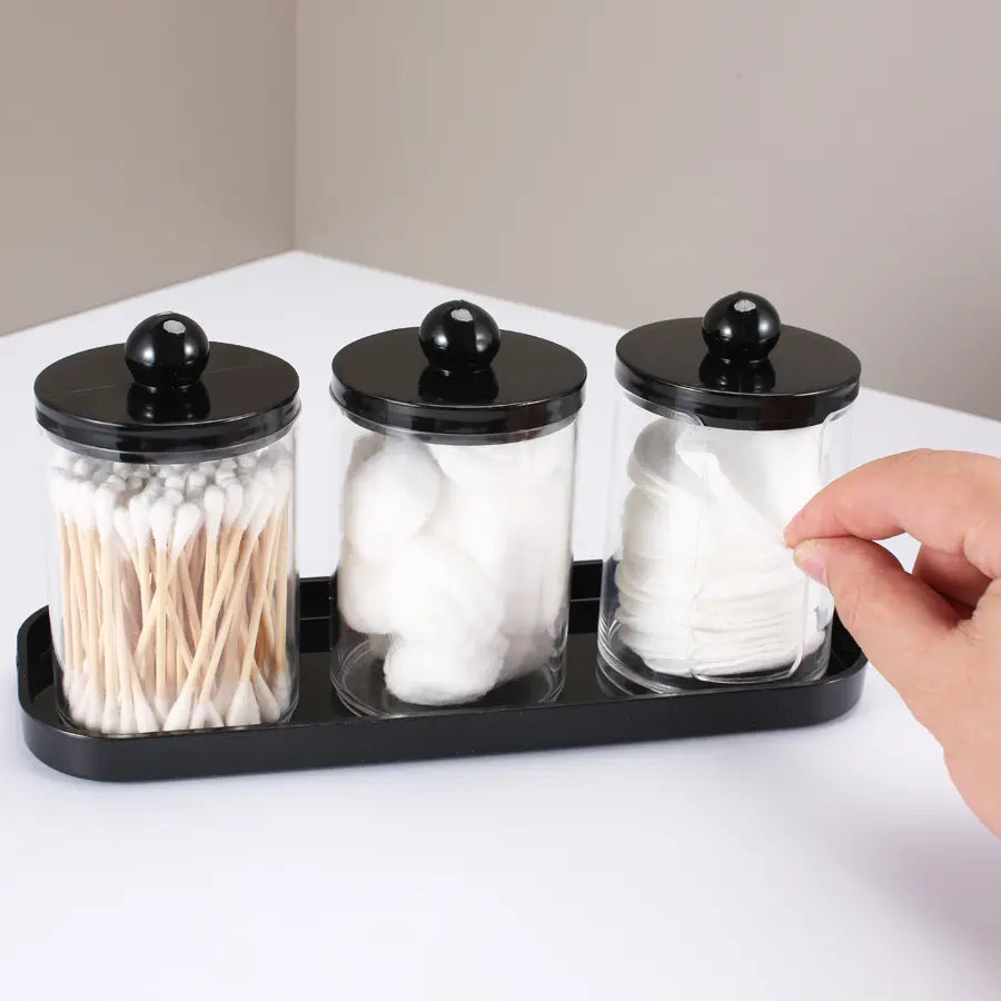 3 Piece Bathroom Cotton Swab Holder Set, Round Cotton Swab Stand with Tray, Medicine Can Storage Box, Tooth Flosser, Cotton Balls, Pads, Bathroom Accessories Organizer, Bathroom Accessory Set, Modern Bathroom Accessories, Restroom Accessories