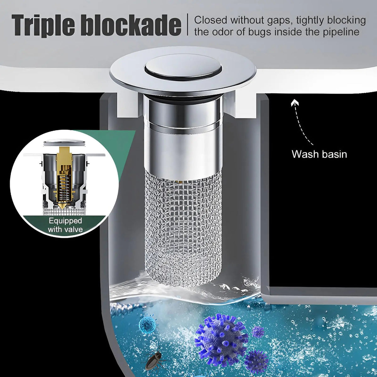 PASSBYE Adjustable Universal-Fit Pop-Up Drain Filter Stopper Hair Catcher with Removable Stainless Steel Basket, Anti-Clog Bathroom Gadgets with Adhesive Tape for Sink Cleaning