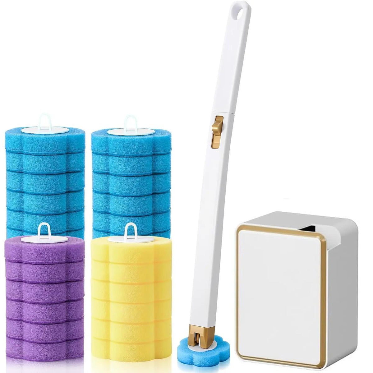 Wall-Mount Durable Toilet Brush & Plunger Set, Square Gold-Rim Black Disposable Plastic System, Compact ABS Wand with Magnetic Clamp, 24 Scented Refill Heads (Auto Flip White, Earless Gold Rim White, Long Handle for Children) for Modern Home Bathrooms, El
