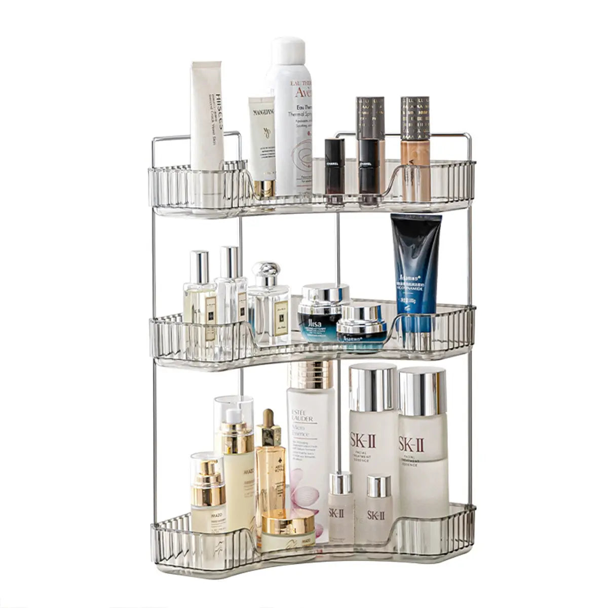3-Tier Plastic-Metal Corner Bathroom Counter Organizer - Bathroom Organizing Accessories for Vanity, Kitchen Spice Storage, Cosmetics, with Quick Access Shelves & Easy Smooth Dry Cloth Wipe Cleaning