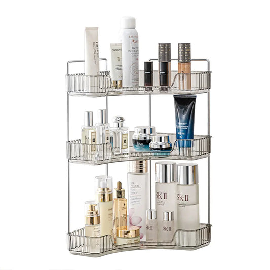 3-Tier Plastic-Metal Corner Bathroom Counter Organizer - Bathroom Organizing Accessories for Vanity, Kitchen Spice Storage, Cosmetics, with Quick Access Shelves & Easy Smooth Dry Cloth Wipe Cleaning