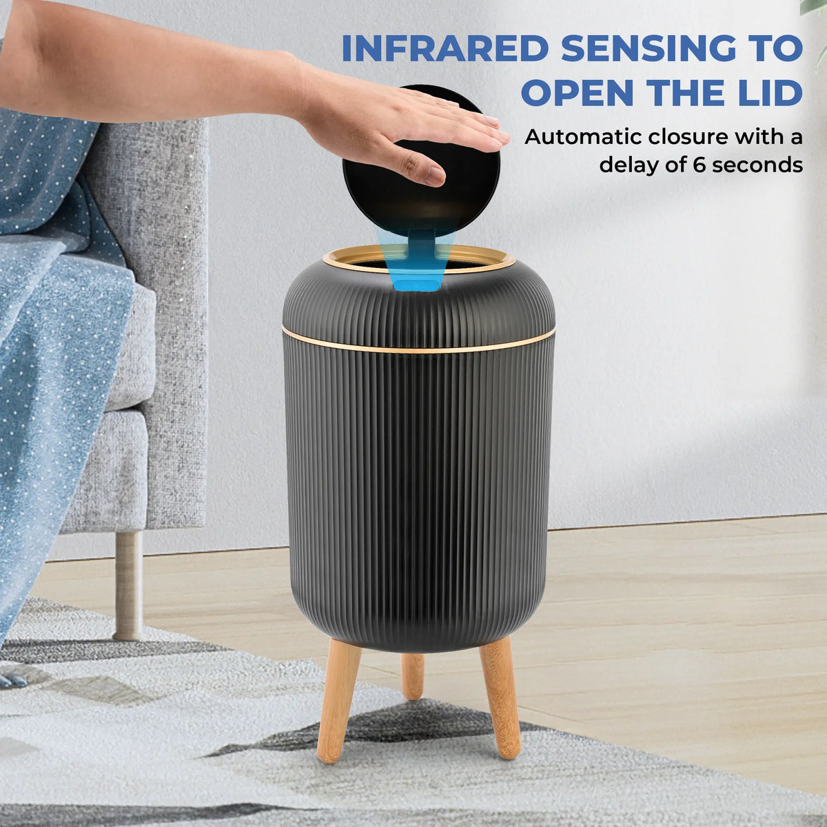 Pukomc PVC Narrow Oval Smart Garbage Can - Touchless Motion Sensor Open Dustbin with 4-Point Steady Base, Waterproof Rinseclean Surface, Modern Slim Bathroom Fit, Kitchen Trashcan for Indoor Use