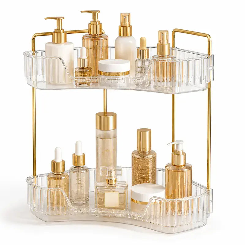 2-Tier Eco-Friendly Plastic Corner Bathroom Counter Organizer with Gold Metal Pole - 13 in Waterproof Bathroom Gadgets, Makeup Storage, Slip-Safe Vanity Tray, French Country Style Sink Holder