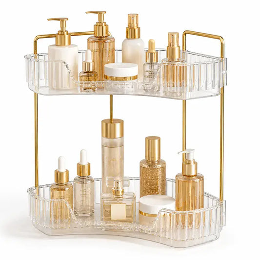 2-Tier Eco-Friendly Plastic Corner Bathroom Counter Organizer with Gold Metal Pole - 13 in Waterproof Bathroom Gadgets, Makeup Storage, Slip-Safe Vanity Tray, French Country Style Sink Holder