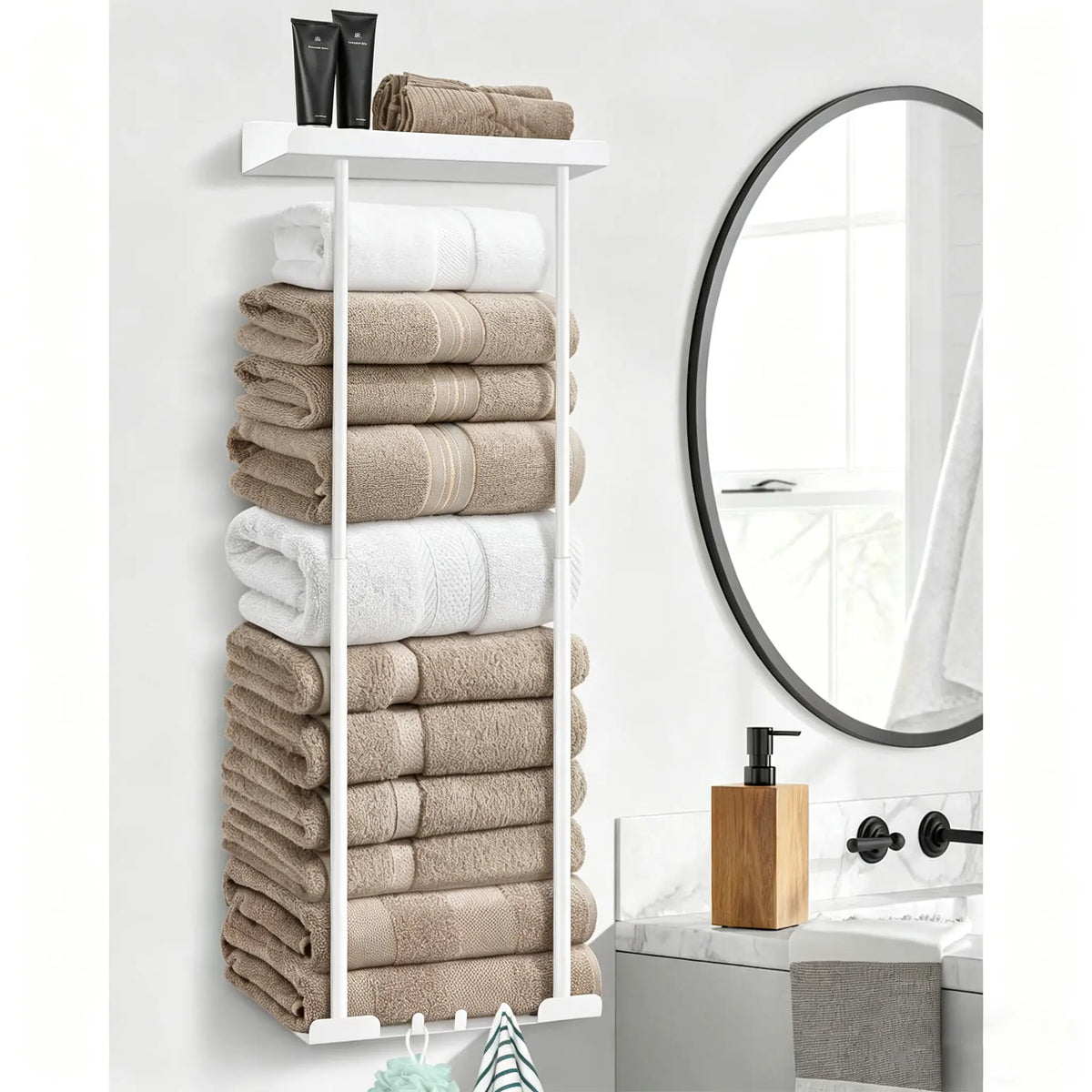 Bathroom Towel Storage Rack Wall Mounted 30 inch with Shelf Holds 6 Large Towels Black Rust Proof Durable Metal Pole for Spas Salons and Bathrooms,sohochic