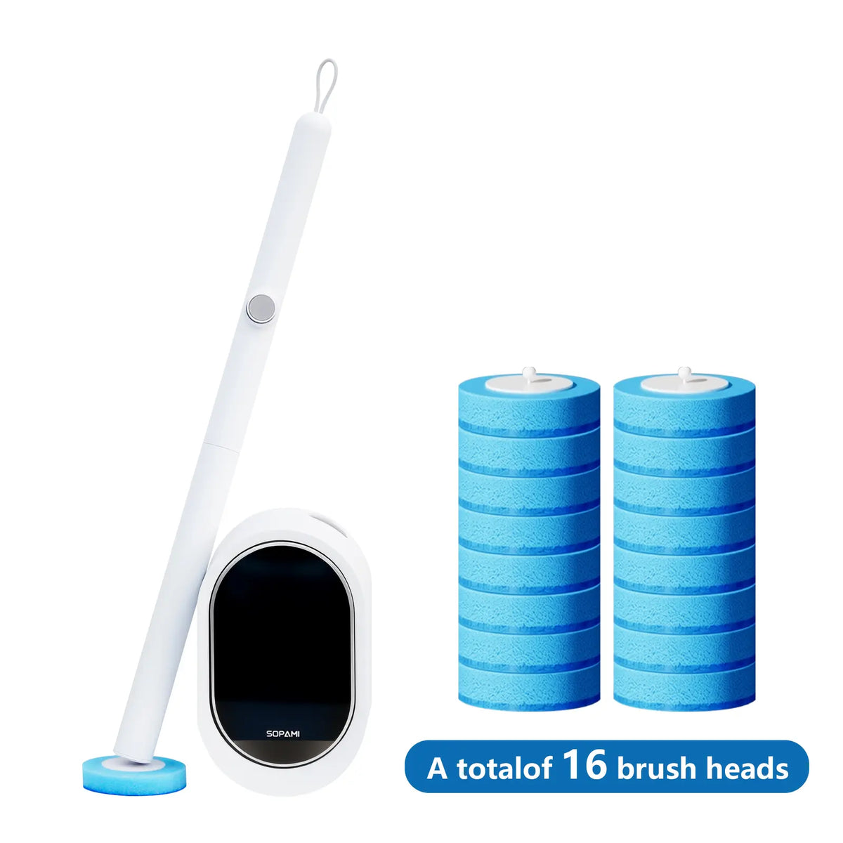 SOPAMI Disposable Toilet Scrubber Brush Kit - 1 Handle + 32 Refill Heads (16 Option Available), No-Touch Rotating Scrubber, Self-Clean Pad, Holder, Toilet Cleaning System for Under-Rim & Corners, Ideal for Busy Home Bathrooms,sohochic
