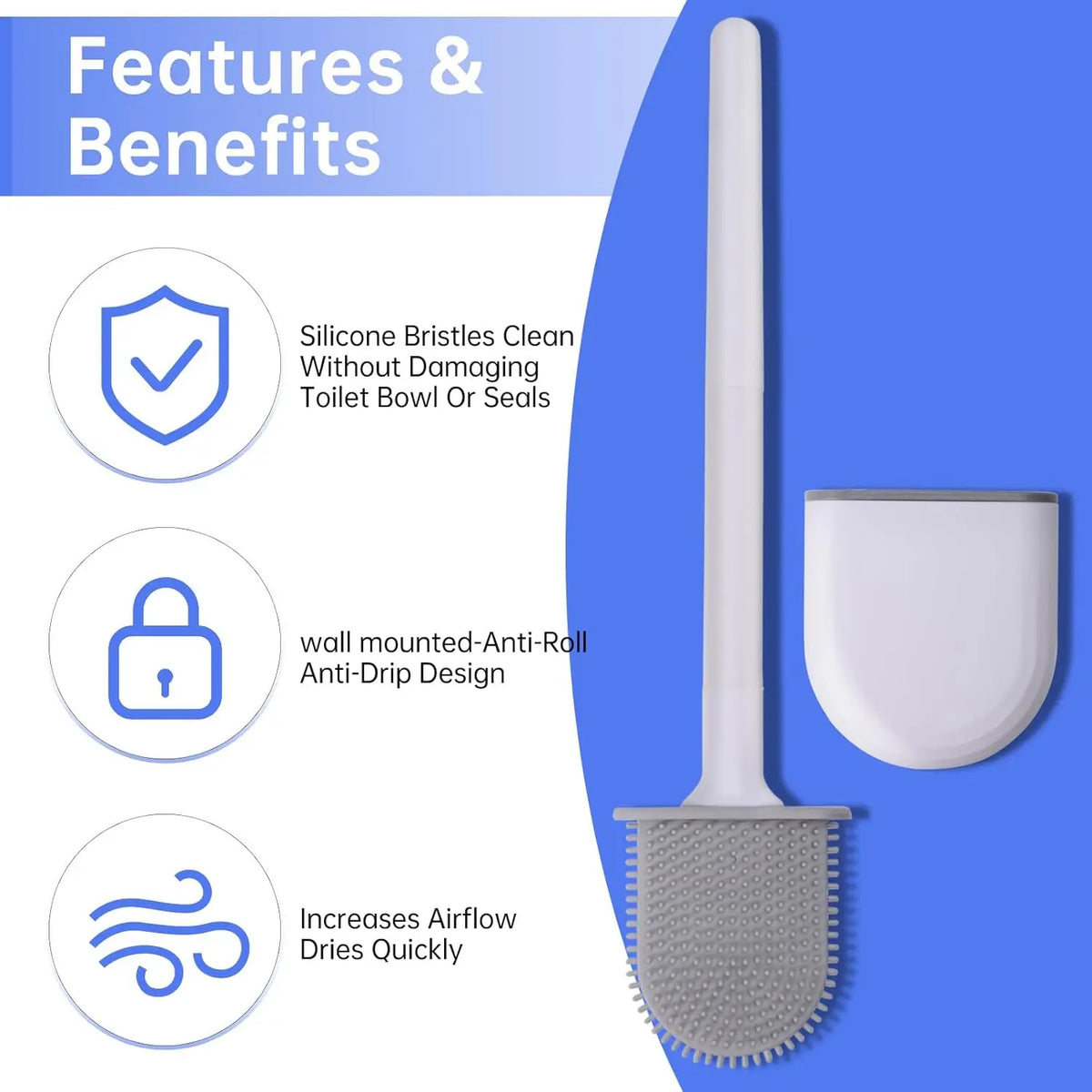 Silicone toilet brush, silicone material does not damage the toilet, wall mounted toilet brush - anti slip, anti drip design, household toilet brush, bathroom cleaning tool, bathroom supplies, suitable for RV travel and home bathroom toilets