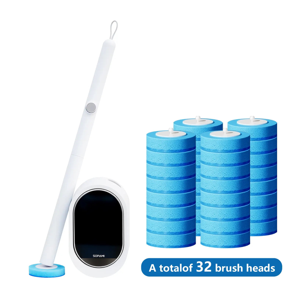 SOPAMI Disposable Toilet Scrubber Brush Kit - 1 Handle + 32 Refill Heads (16 Option Available), No-Touch Rotating Scrubber, Self-Clean Pad, Holder, Toilet Cleaning System for Under-Rim & Corners, Ideal for Busy Home Bathrooms,sohochic