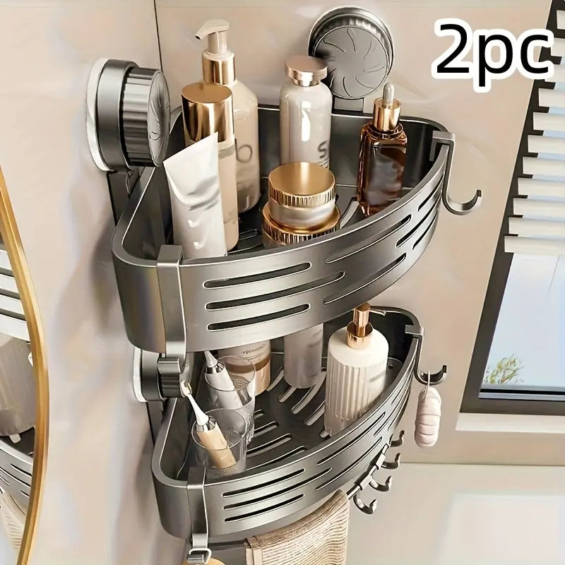 2-Piece Suction Cup Triangle Bathroom Storage Rack, Wall Mounted No-Drill Washbasin Toilet Organizer, Plastic Corner Shelf, Set