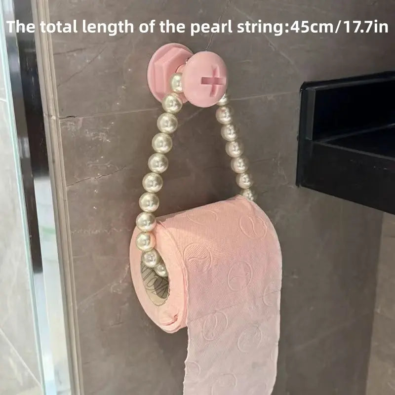 Self-Adhesive Roll Paper Holder, Durable Plastic Bathroom Towel Rack, Pearl Embellished Design, Space-Saving Wall-Mounted Kitchen Organizer, Bathroom Supplies, Plastic Bathroom Gadget