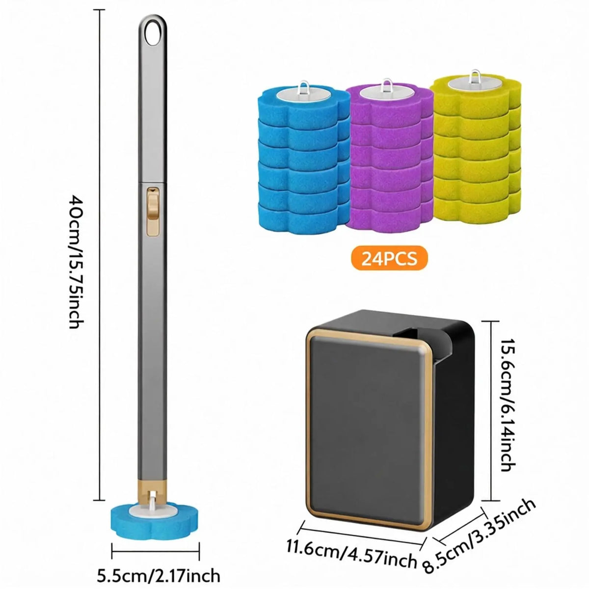 Wall-Mount Durable Toilet Brush & Plunger Set, Square Gold-Rim Black Disposable Plastic System, Compact ABS Wand with Magnetic Clamp, 24 Scented Refill Heads (Auto Flip White, Earless Gold Rim White, Long Handle for Children) for Modern Home Bathrooms, El