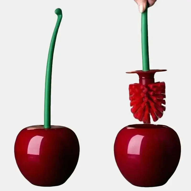 Red Lovely Cherry Lavatory Toilet Brush Holder Set - 1Pc, Thick Head, Anti-Slip Return Handle, 38x13 cm, Wine Red/Orange, 200g