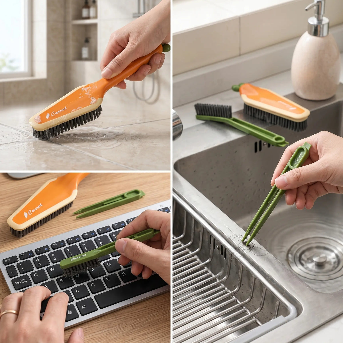 【Blind Space】3-in-1 Bathroom Cleaning Kit - Bathroom Accessory with Stiff Bristles, Cute Aesthetic Design, Hidden Tweezers, Grout Brush, Crevice Brush, Set of 3 for Toilet Base, Sink, Tile Cleaning