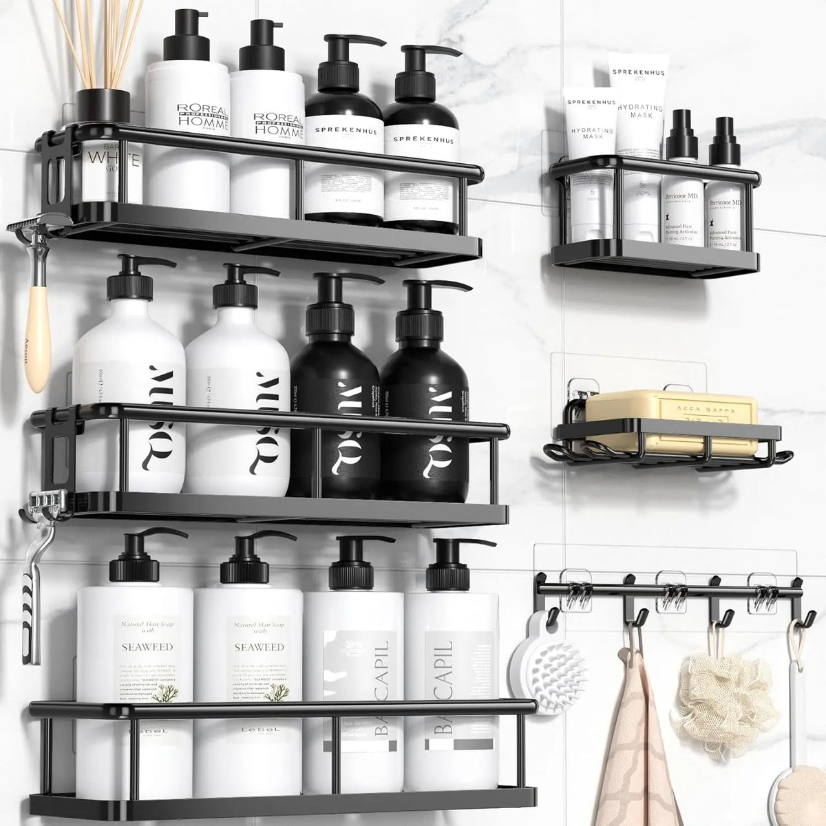 ZUZZEE Modern 3-Piece High-Quality Metal Bathroom Shower Organizer, Punch-Free Removable Rust-Resistant Waterproof Corner Shelf with Hollow Drain-Dry Bottom, Soap Spray Holder, 40lb Capacity, Adhesive Tape, Manual, Great for Showers Kitchens RVs,sohochic