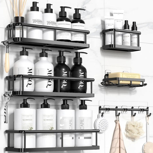 ZUZZEE Modern 3-Piece High-Quality Metal Bathroom Shower Organizer, Punch-Free Removable Rust-Resistant Waterproof Corner Shelf with Hollow Drain-Dry Bottom, Soap Spray Holder, 40lb Capacity, Adhesive Tape, Manual, Great for Showers Kitchens RVs,sohochic