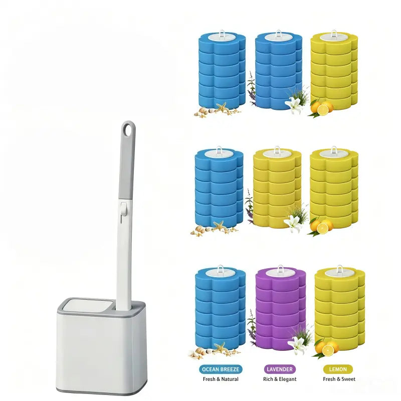 Plastic Disposable Toilet Brush - Toilet Cleaning System Bathroom Accessory, Flip-Lid Hygienic Contactless Use, Quick-Release Head for Edge/Corner Reach, Space-Saving Compact Storage; Optional Bundle or Separate Replacement Sponge Heads Available