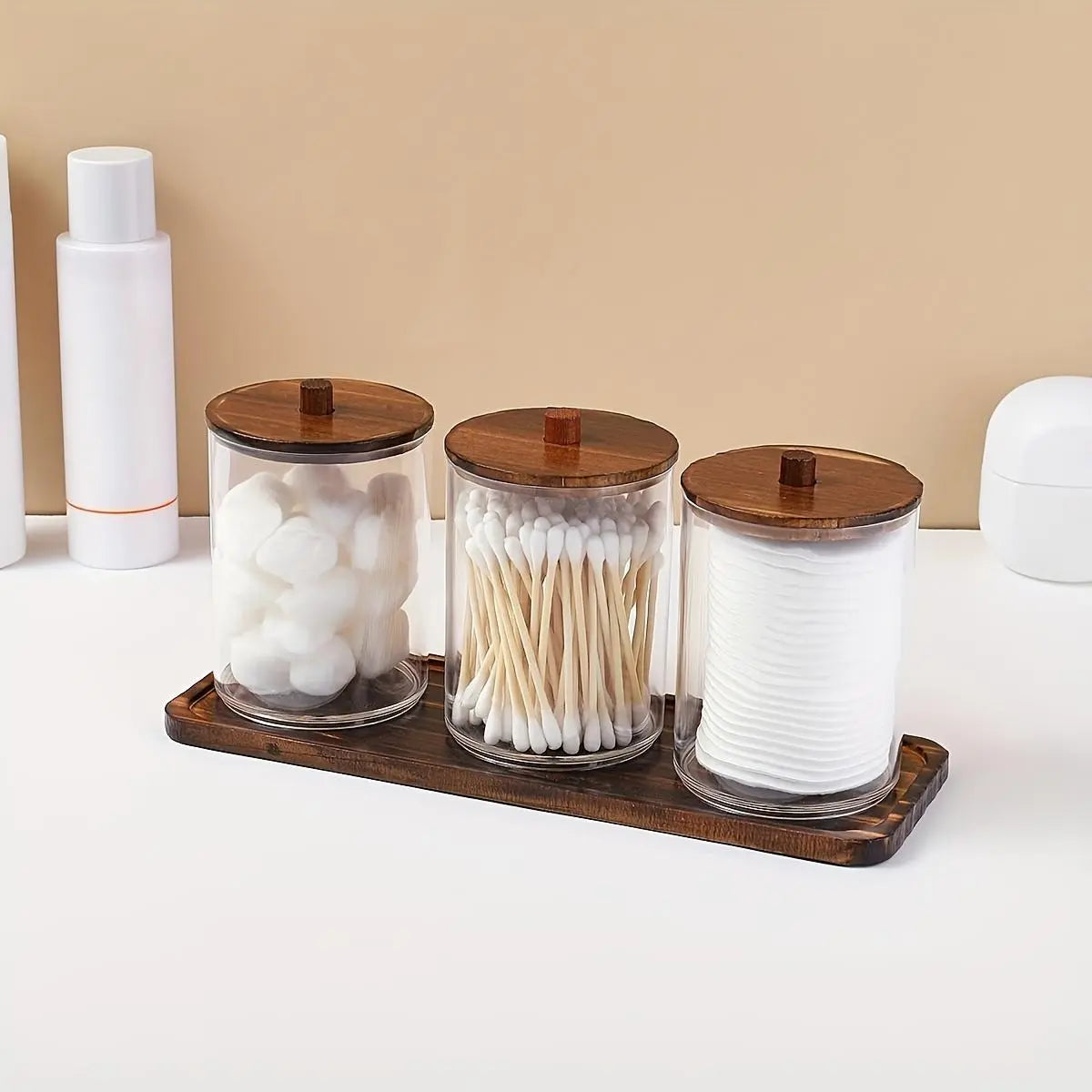 3 pcs Cotton Swab Holders, 10oz Bathroom Storage Box, Organizer Transparent Plastic Jar with Wooden Lid, Bathroom Accessory, Ideal for Cotton Balls, Swabs, Floss