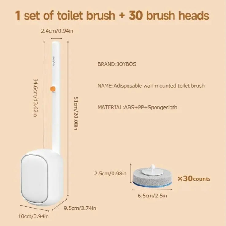 Wall-Mounted Stainless Steel Waterproof Toilet Brush & Plunger Kit - 6/18/30 Disposable Touchless Replacement Heads, Glass Holder, ABS+PP Reusable Bathroom Cleaning System for Bathroom Users, Camping Essentials