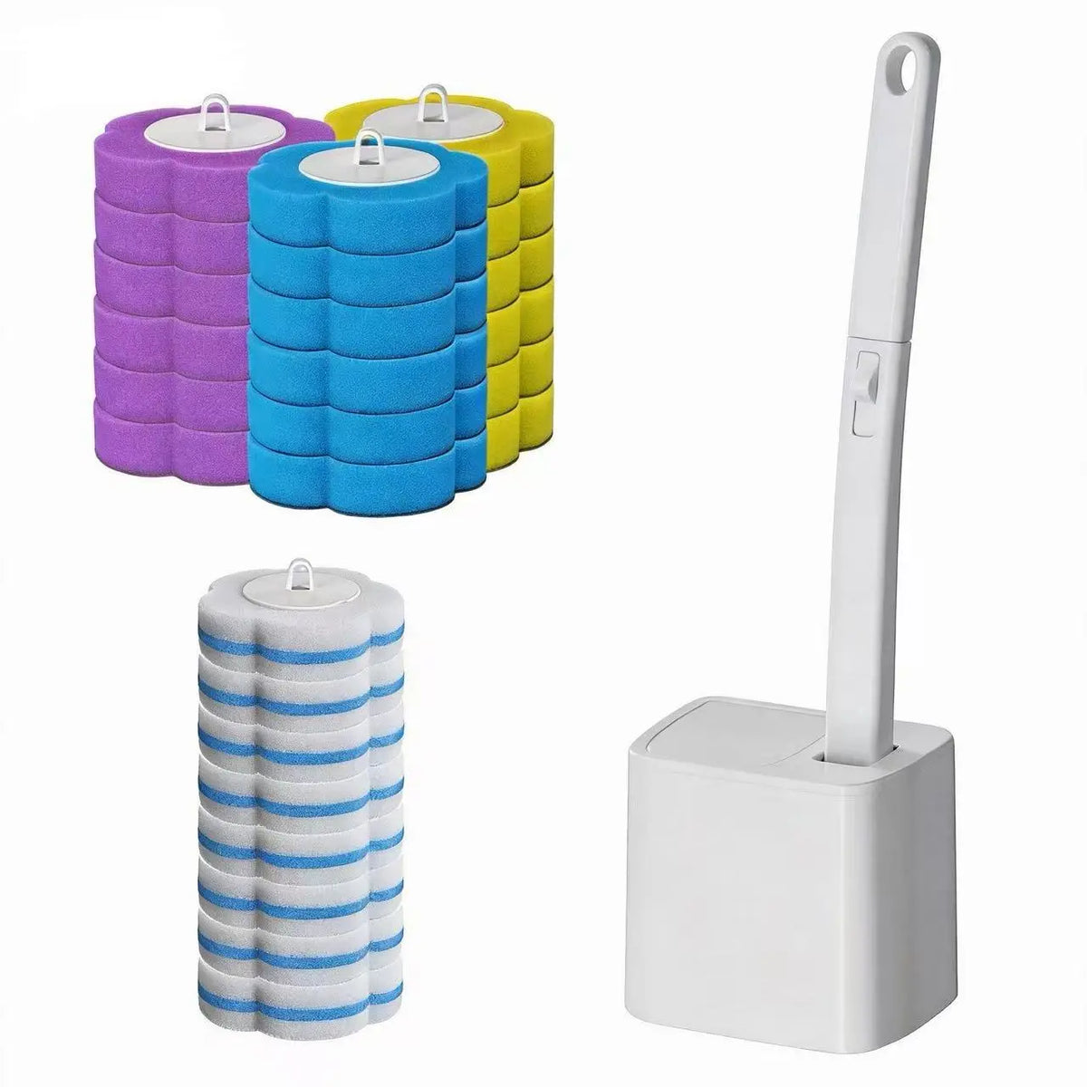 UPGRADED VERSION Disposable Toilet Brush Set with 32PCS Cleaner Refills (24 Soft + 8 Heavy-Duty), Toilet Bowl Wand Holder Kit, Bathroom Cleaning System for Sink Bathtub Urinal, Wall-Mount Scrubbing Brush