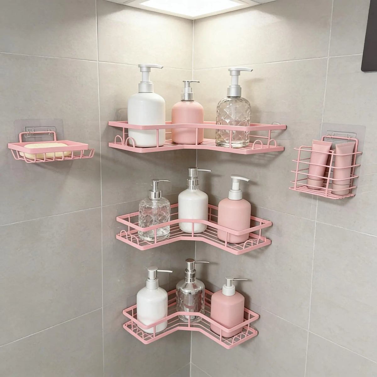 Sohochic Blush Pink 5-Piece Self-Adhesive Rust-Resistant Stainless Steel Shower Organizer Set - No-Drilling Bathroom Storage Rack for Renters, Halloween-Ready, Easy Installation with Shampoo & Body Wash Basket