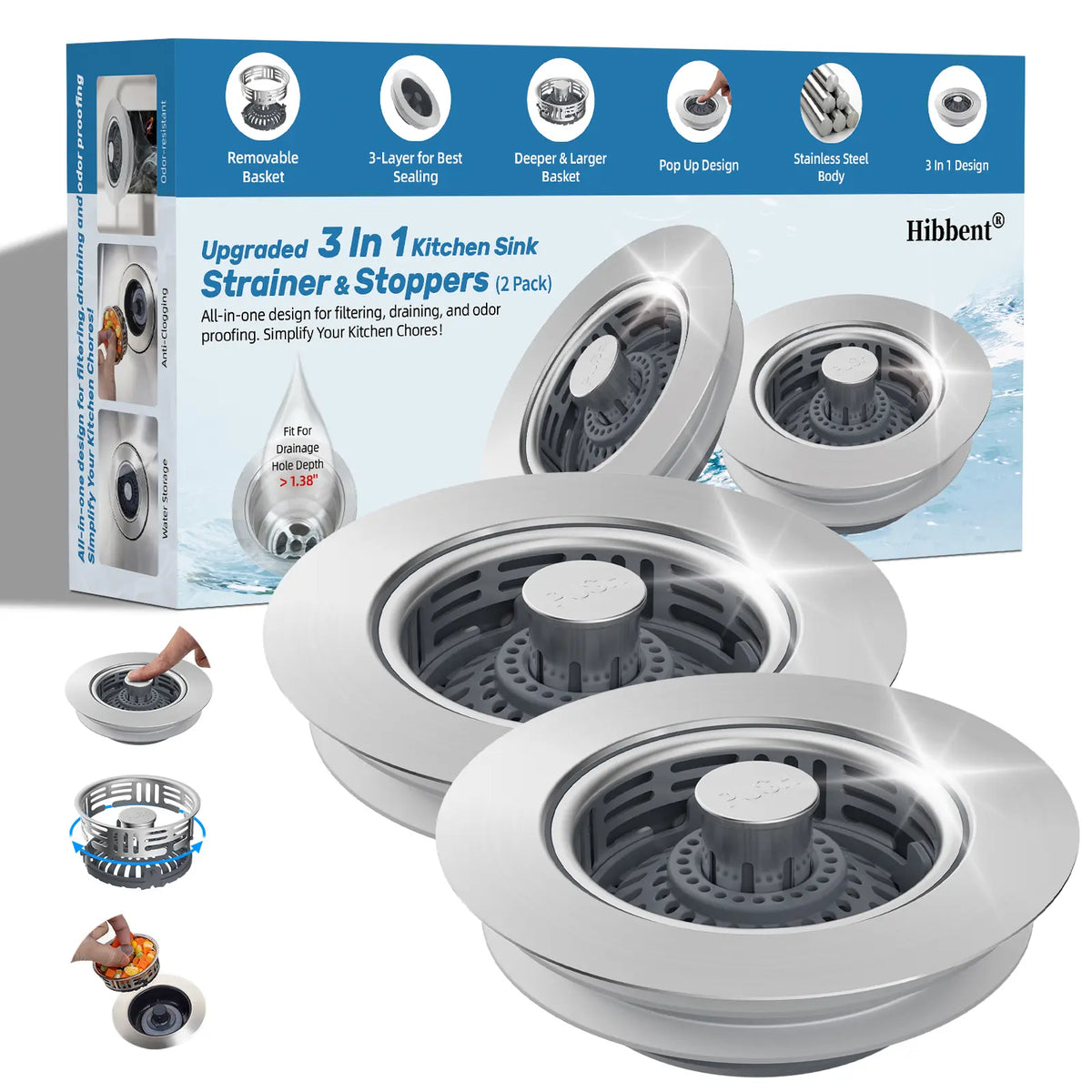 Hibbent Upgraded 3 in 1 Kitchen Sink Drain Strainer, Stainless Steel Pop Up Sink Stopper, Larger Anti-Clogging Basket, 3-Layer Seal, Detachable Drain Plug for US Standard 3-1/2" Drain, Matte Black, Fast Drains, Larger Basket
