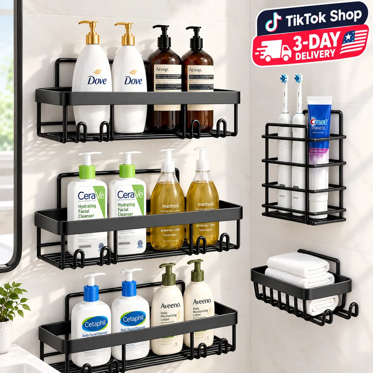 5-Pack Modern Matte Black Self-Adhesive Shower Caddy Set with Adhesive Tape - No-Drill Stainless Steel Bathroom Accessory Set, Shelves, Soap Dish, Toothbrush Holder, Rustproof Storage Organization, Apartment Stuff Space Saver